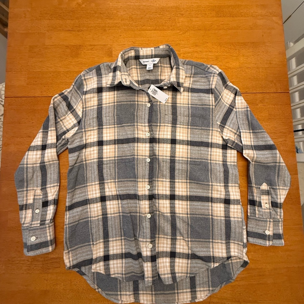 Women’s Gray, Tan and Cream Plaid Shirt